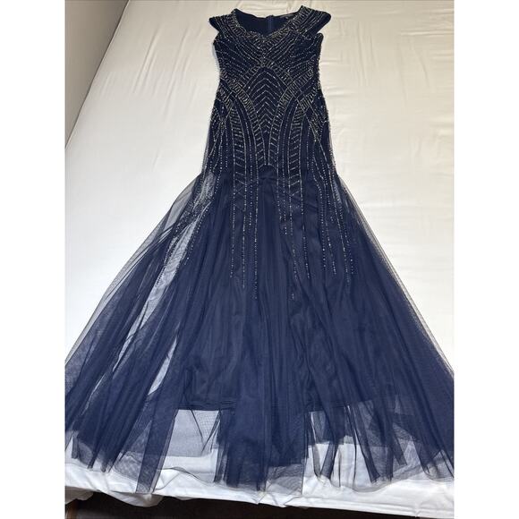 Xscape Navy Blue Beaded Mermaid Gown Womens 6 Formal Prom Dress Wedding EUC - Picture 1 of 16